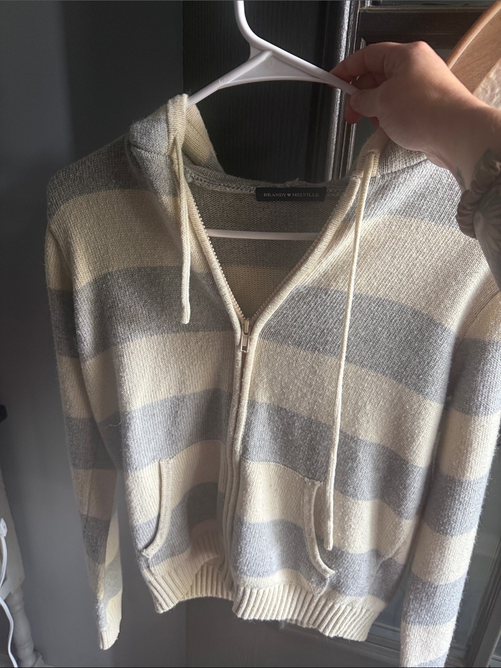 Brandy Melville Cream & Gray Striped Zip Hoodie